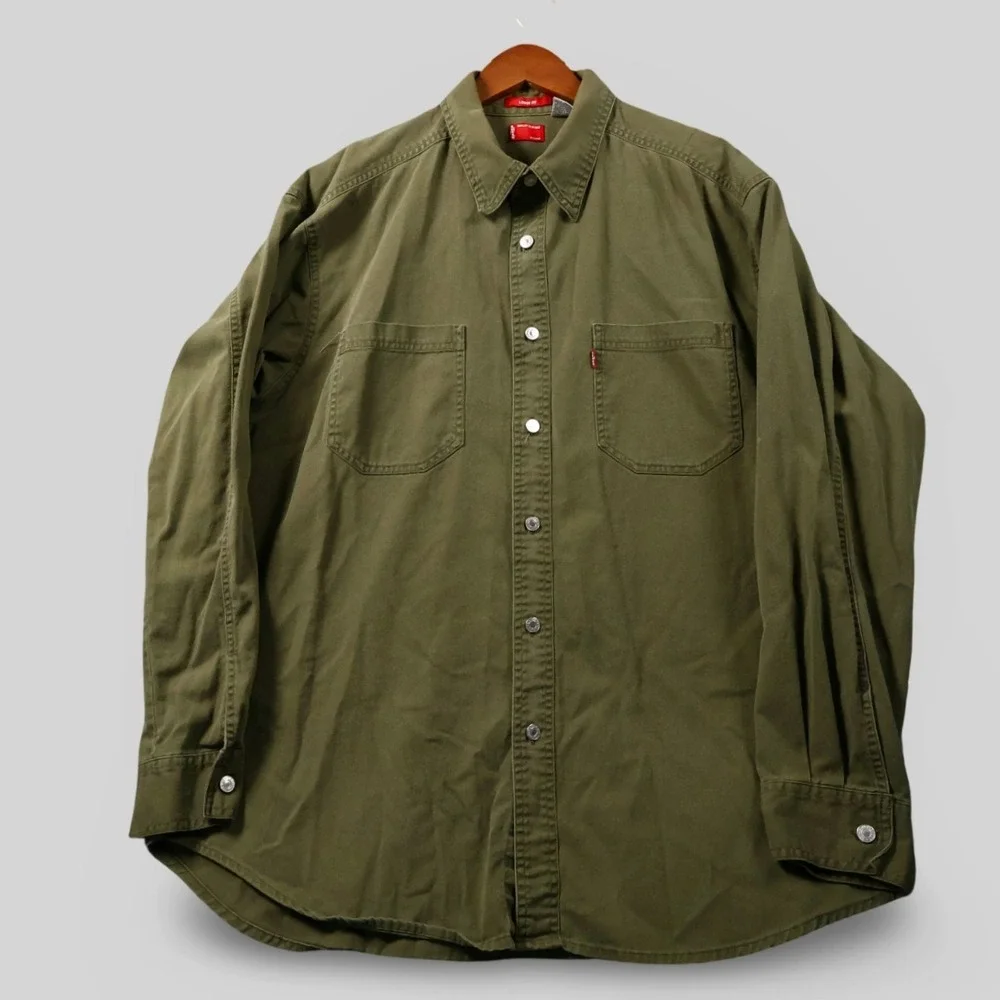 Vintage Levi's Shirt Mens L Red Tab Loose Fit Metal Button Army Green Denim‎ Y2K
